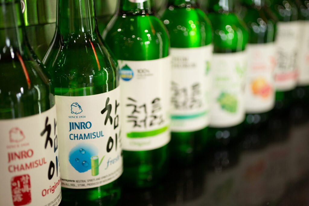 a row of soju bottles
